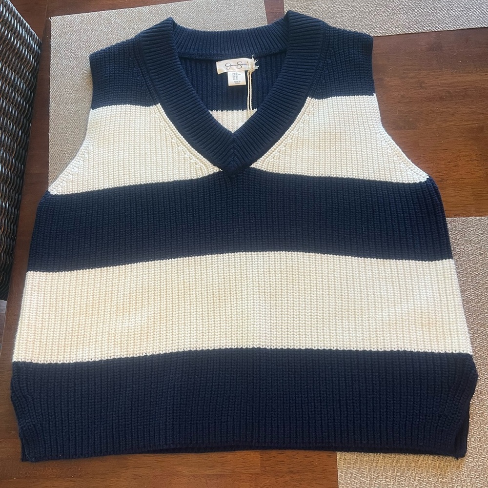 New!  Jessica Simpson sleeveless‎ navy blue and white striped sweater.